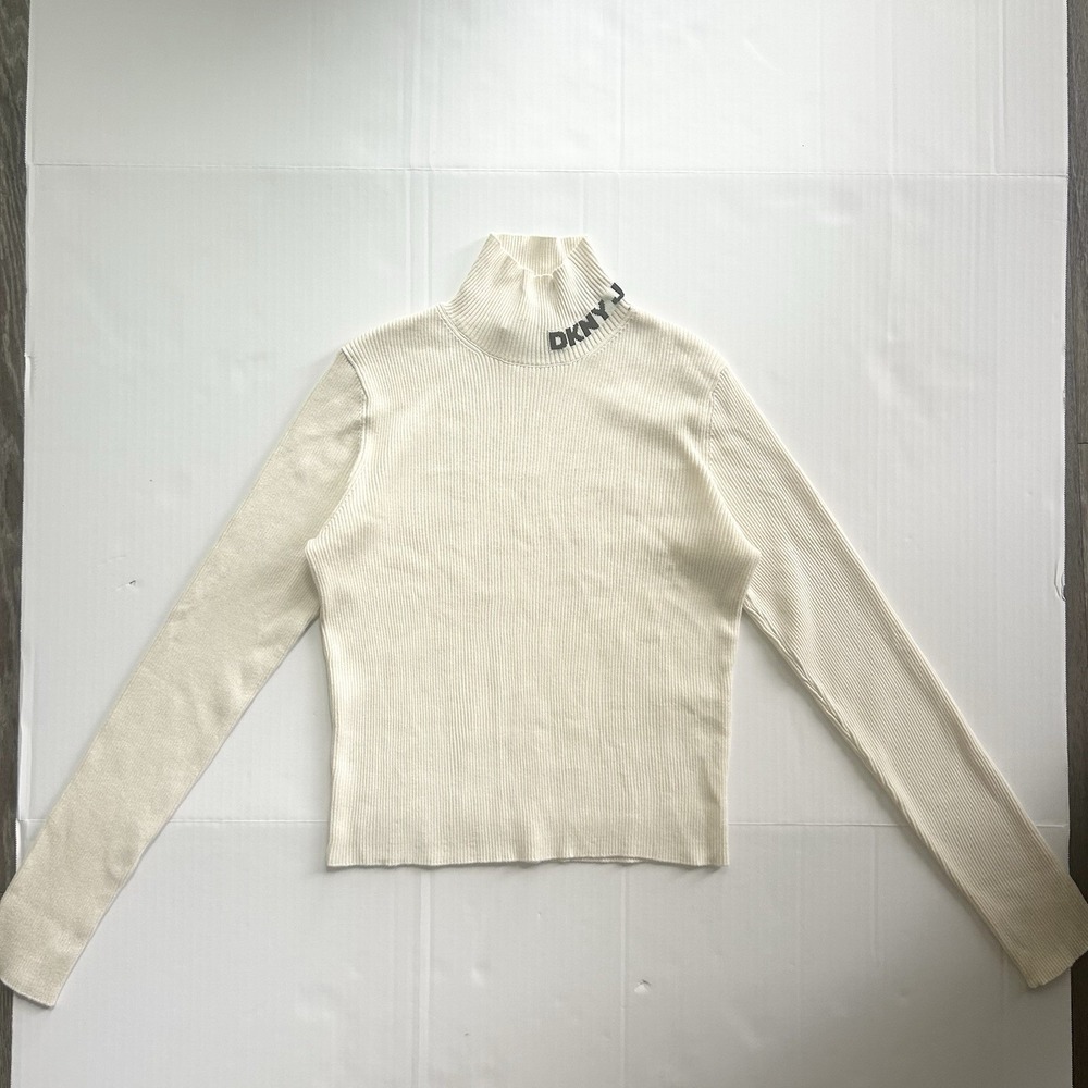 2000s Style DKNY Ribbed Logo Turtleneck Top Y2K Preppy 90s Minimalist